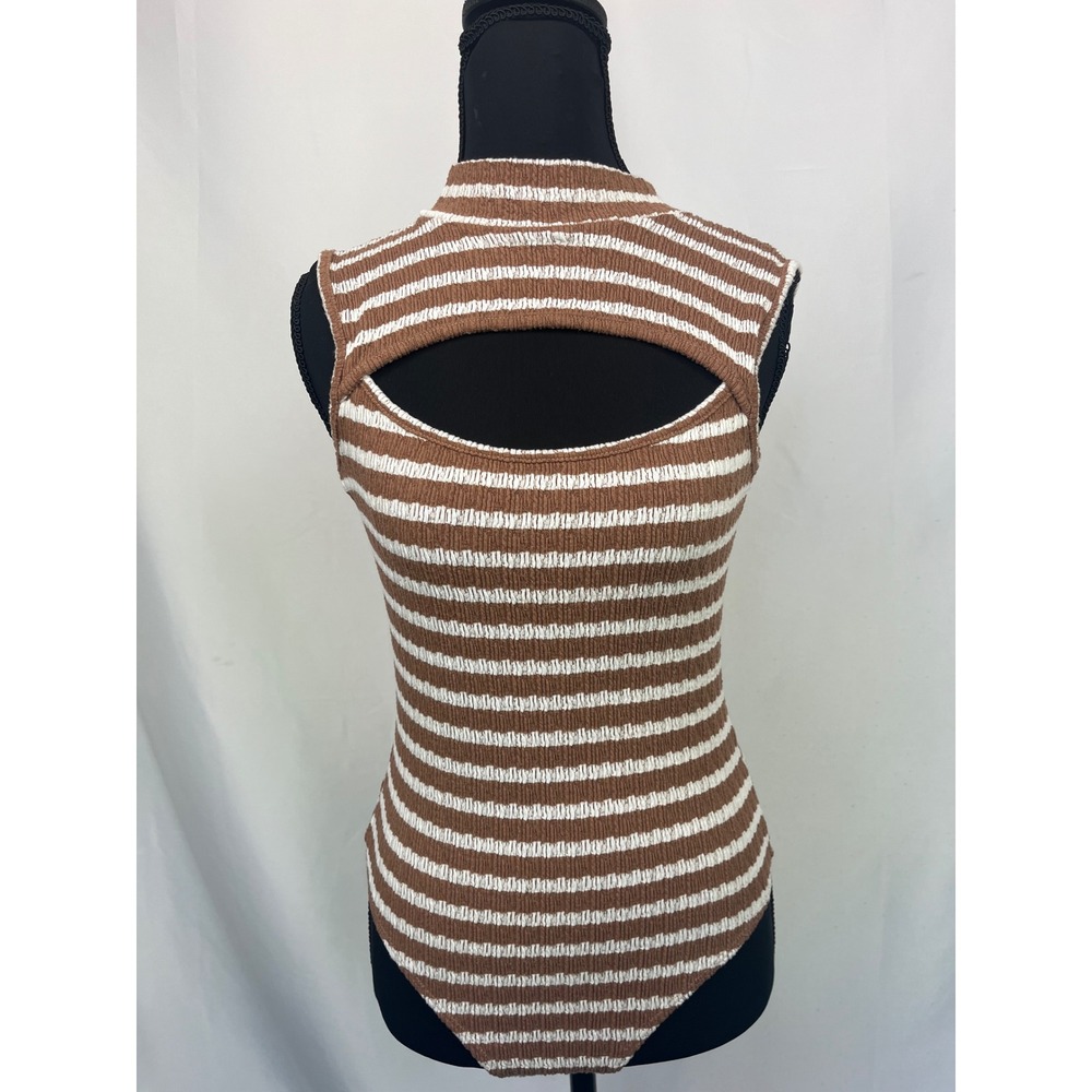 Urban Rose Brown White Striped Smocked Cutout Mock Neck Bodysuit Small 10891 - Picture 2 of 16